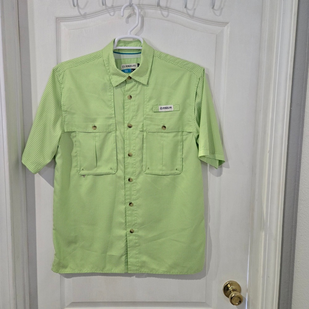 Magellan Fishing Shirt Mens Small Green Excellent Gingham Plaid MagWick Vented